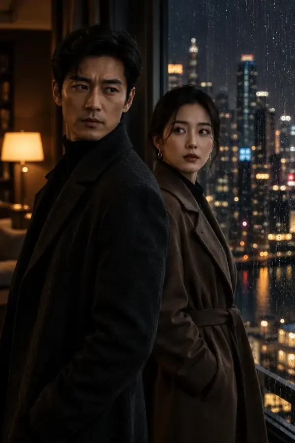 雾锁情迷短剧海报，夜色窗前相对而立的都市男女